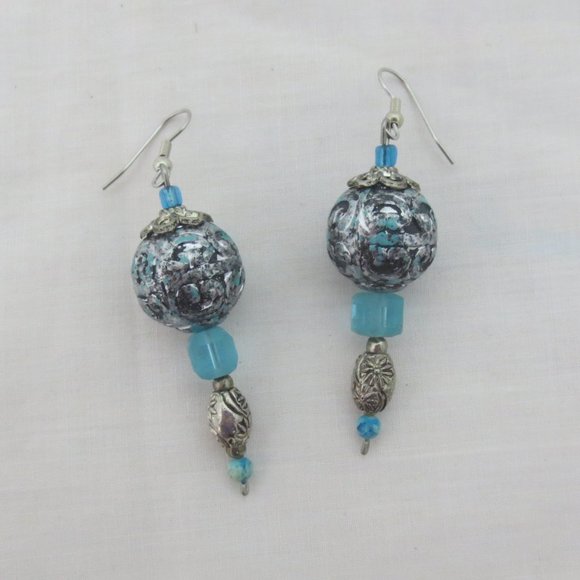 New Hand Crafted Blue & Silver Statement Earrings - Picture 1 of 6